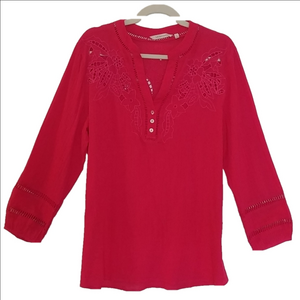 Soft Surroundings Top Women's Pink Size L Lace Shirt 100% Cotton V-Neck Eyelet